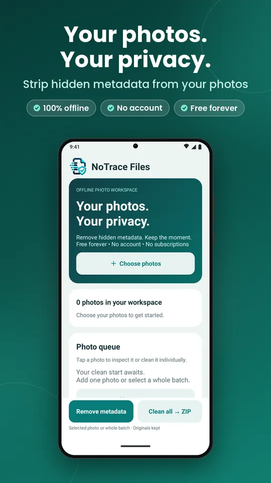 Android home: “Your photos. Your privacy.” workspace with a Choose photos button