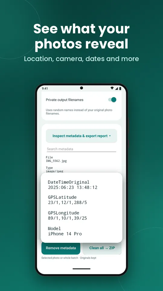 Android: inspecting what a photo reveals, including capture date, GPS latitude and longitude, and phone model