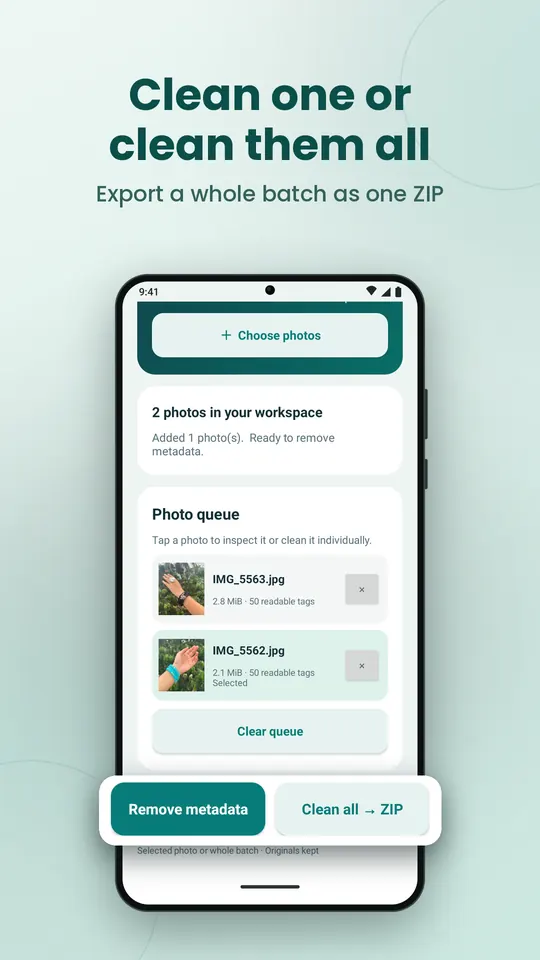 Android: photo queue with Remove metadata and Clean all to ZIP buttons