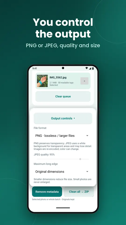Android: output controls for file format, JPEG quality and maximum size