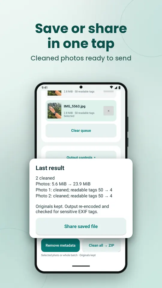 Android: last-result summary with a button to share the cleaned photo